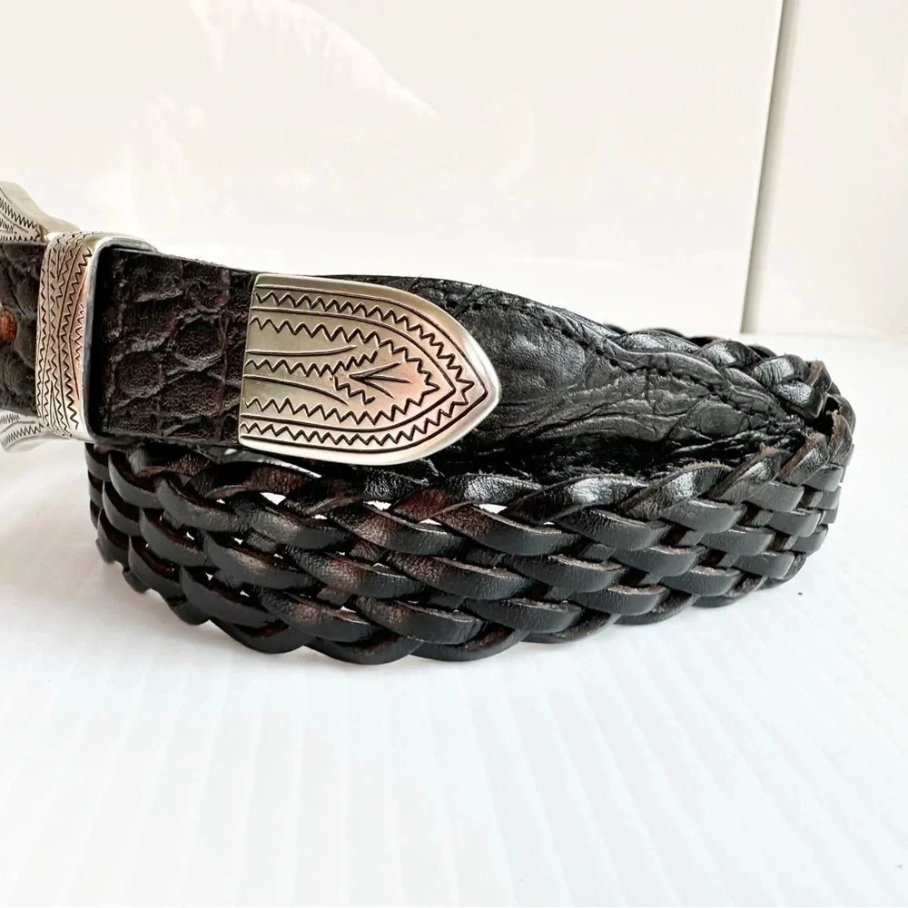 Vintage Crocodile, Woven Leather Belt Black Silver Decorative Buckle